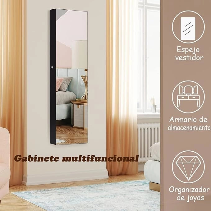 Armadietto per Gioielli con Illuminazione a LED Portagioie da Parete con Specchio, Chiudibile a Chiave, 35,5 x 10 x 120 cm (Nero)