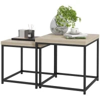 Set di 2 Tavolini Bassi Quadrati da Salotto in Telaio di Acciaio e Piani in Pannelli di Particelle, Legno Naturale