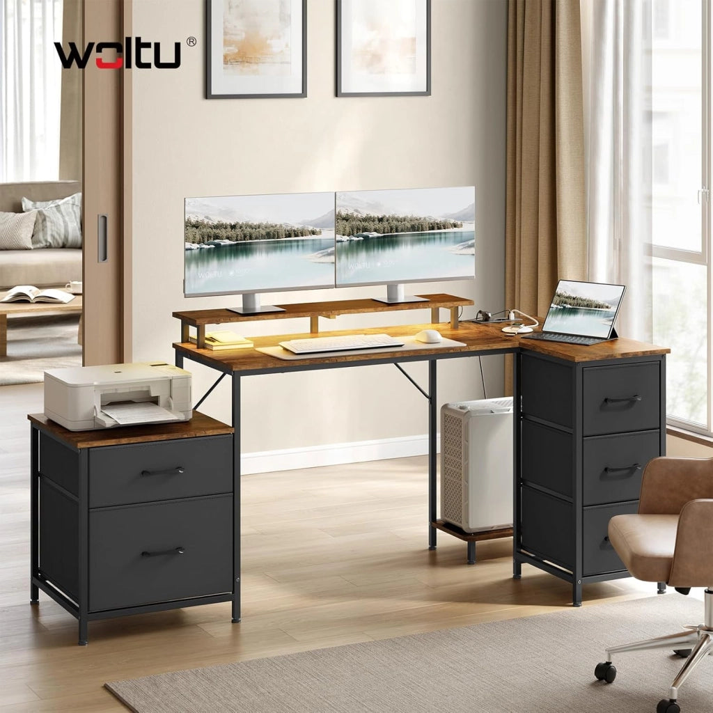 Scrivania Angolare 180x80x84 cm con 5 Cassetti e 2 Ripiani, Scrivania per Computer a L con LED, 2 Prese, 1 Porta USB e 1 Porta Type-C, per Ufficio, Gioco, Studio, Marrone Rustico
