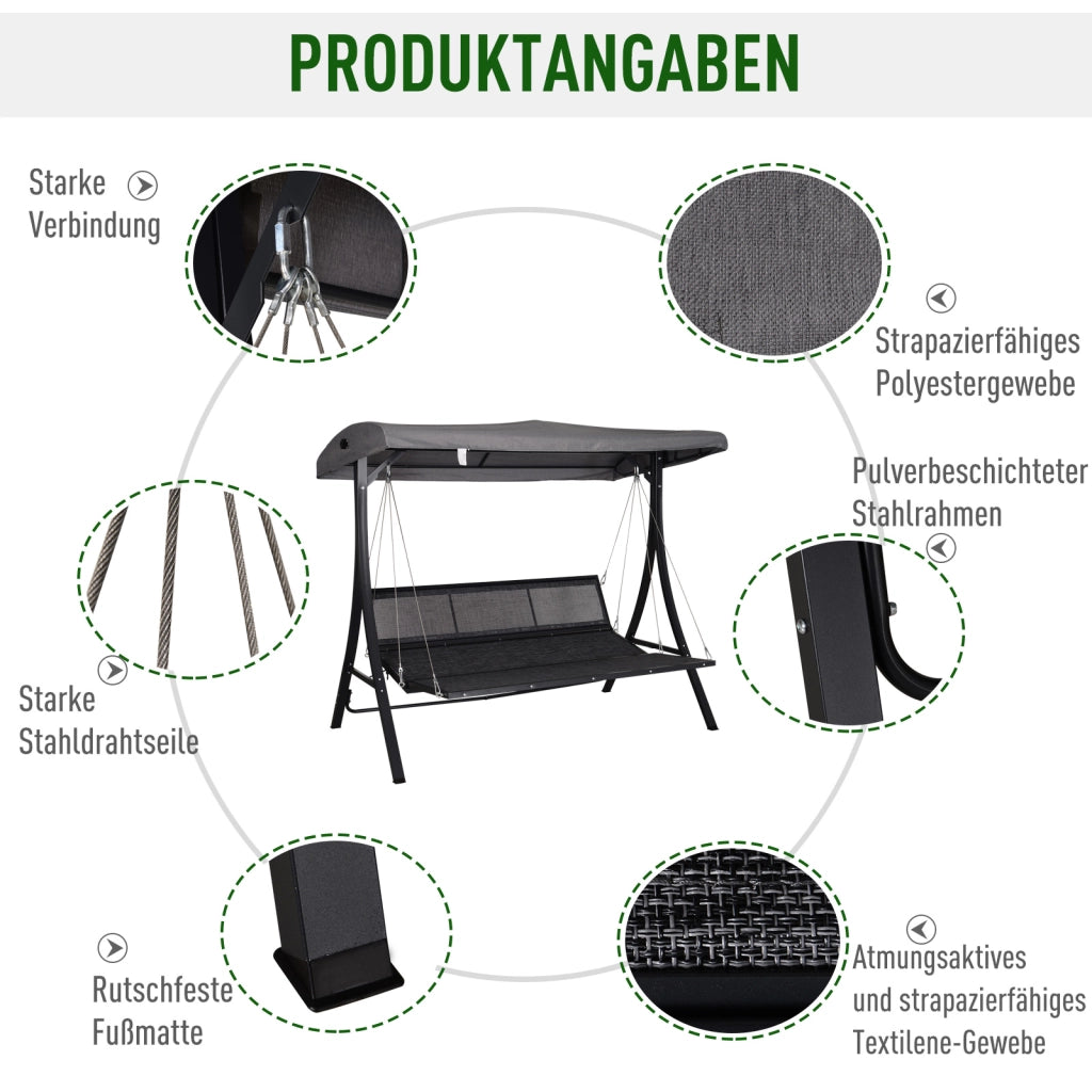 Dondolo da giardino 3 posti ¨C Xylo ¨C con cuscini, grigio, 200x115x168 cm