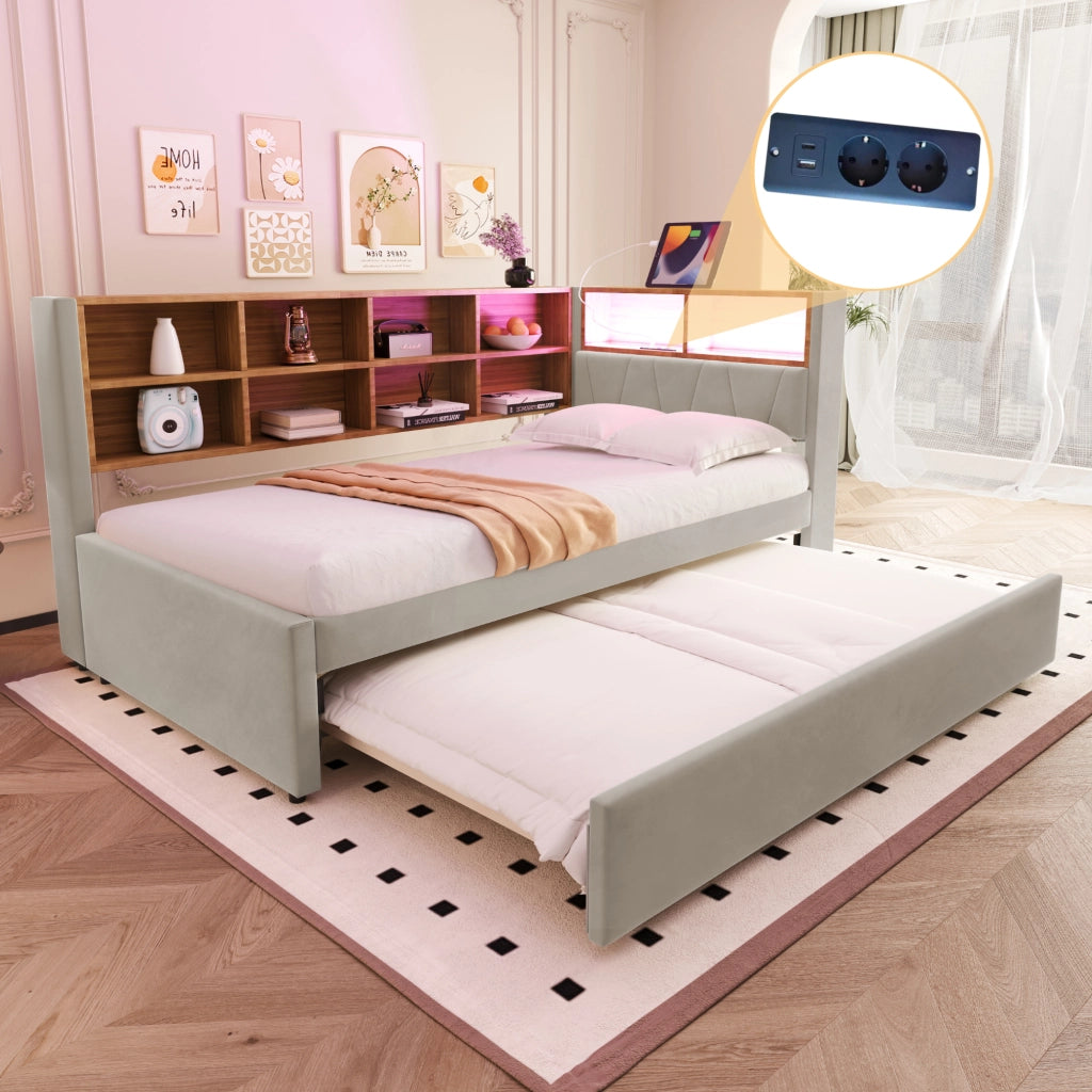 Divano letto multifunzionale 90x200 cm con letto estraibile 90x190 cm, LED, prese di ricarica e vani contenitore, grigio chiaro