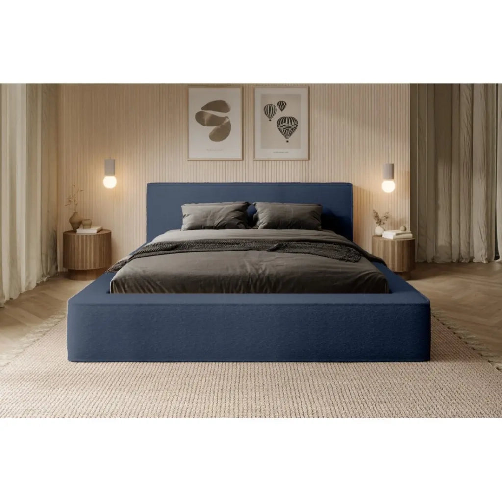 Letto contenitore VELORA – Blu acciaio bouclé – 180x200 cm – Tessuto velluto morbido – Rete sollevabile – Spazio di stoccaggio integrato