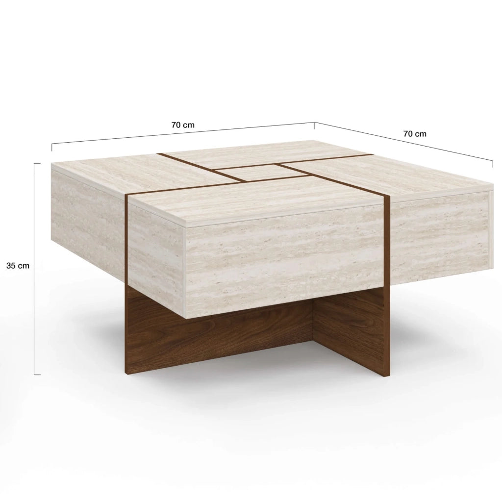 IDMarket - Tavolino quadrato TALIA da 70 cm con cassetti in legno effetto noce e piano in travertino