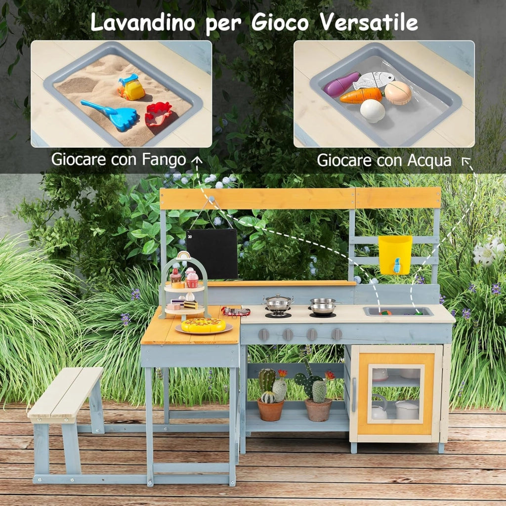 Cucina Giocattolo per Giardino con Tavolo e Panchina da Picnic, Cucina per Bambini in Legno di Abete con Fornelli, Lavandino, Lavagna e Forno, con 17 Accessori, 150 x 71 x 98 cm (Grigio 1)