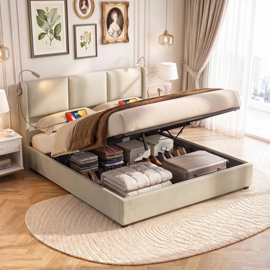 Letto matrimoniale contenitore 160x200 cm con testiera imbottita luci da lettura e rete a doghe struttura letto con ricarica USB in lino-beige