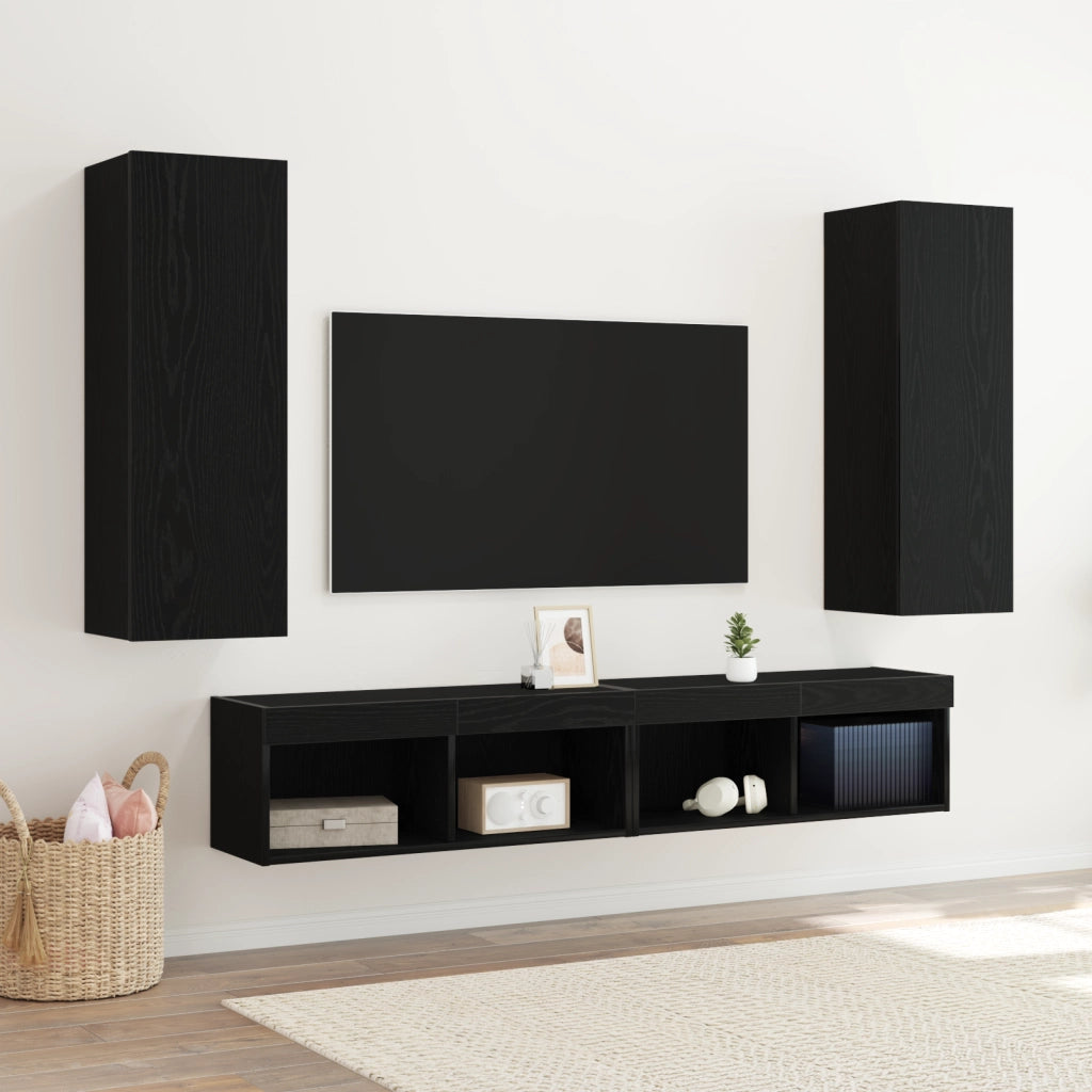 Armadietti TV a muro 2 pz in Nero Rovere 30,5x30x90 cm in Legno ingegnerizzato