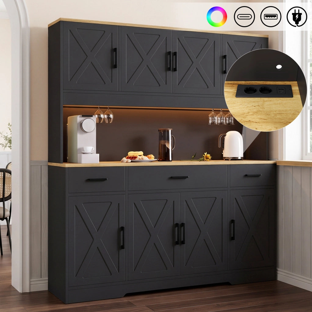 Credenza buffet 150x40x180 cm con LED; 2 prese; USB-A e USB-C; nero in truciolare