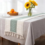 Tavolo da pranzo con tovaglia, verde eucalipto, canapa, 30 x 140 cm, bordo ricamato, mesh, tovagliolo, tavolo, stile moderno, decorazione bohemien, stile rurale, lavabile, per cucina, matrimonio.