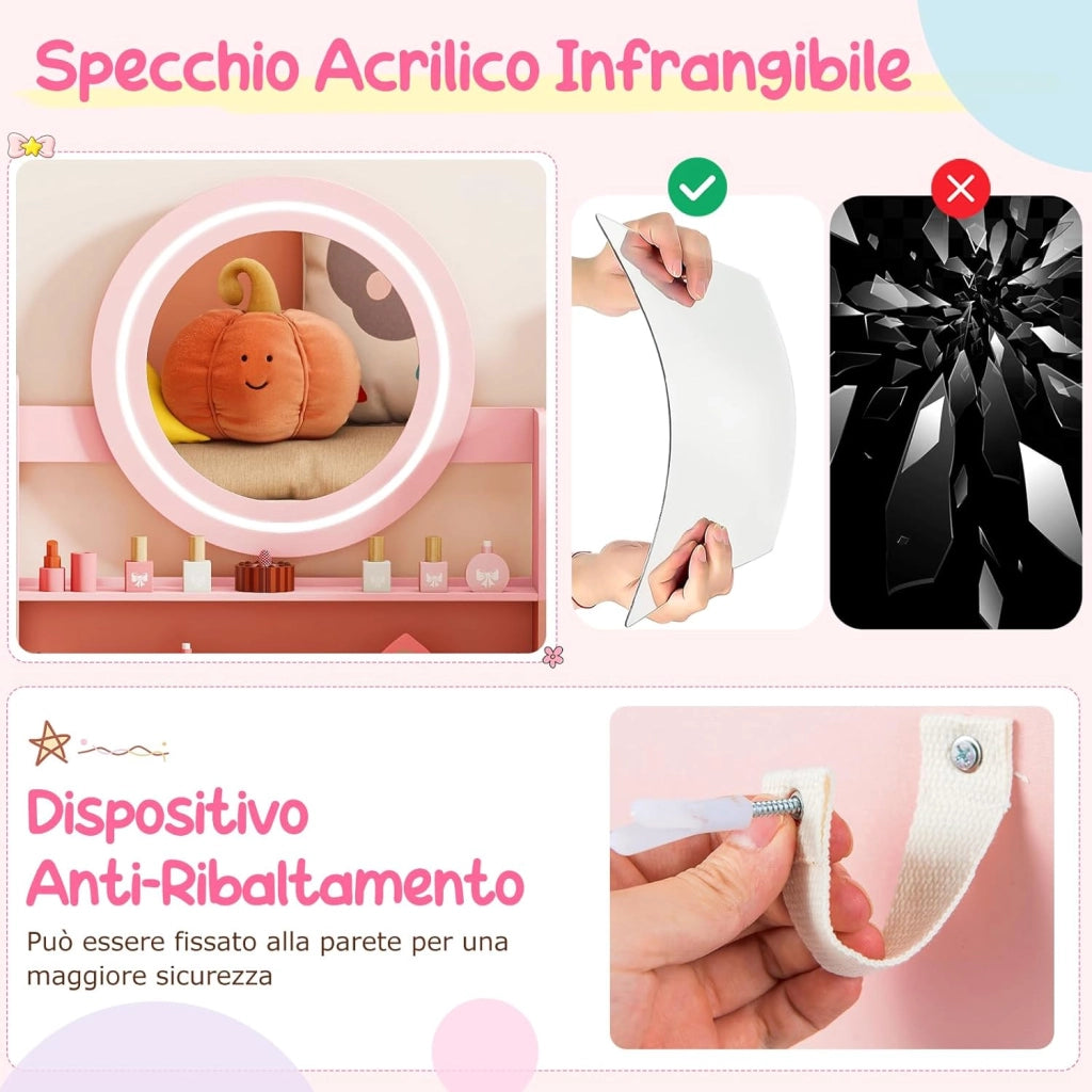 Toeletta Trucco per Bambina con Sgabello, Set Tavolo Trucco in Legno con Specchio Luci LED, Scaffale Aperta, Spazi per Annelli e Sgabello Imbottito, Mobile da Principessa per 3+ Anni (Rosa)