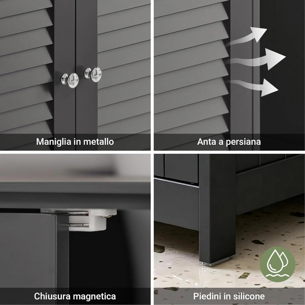 Mobile Bagno Sottolavabo - Mobiletto Bagno Salvaspazio con Mensole Regolabili, Mobile Lavabo in MDF, Antimuffa con Porta a Lamelle, per lavabo a terra, Grigio Scuro, 60x58x35cm, FRG237-II-DG
