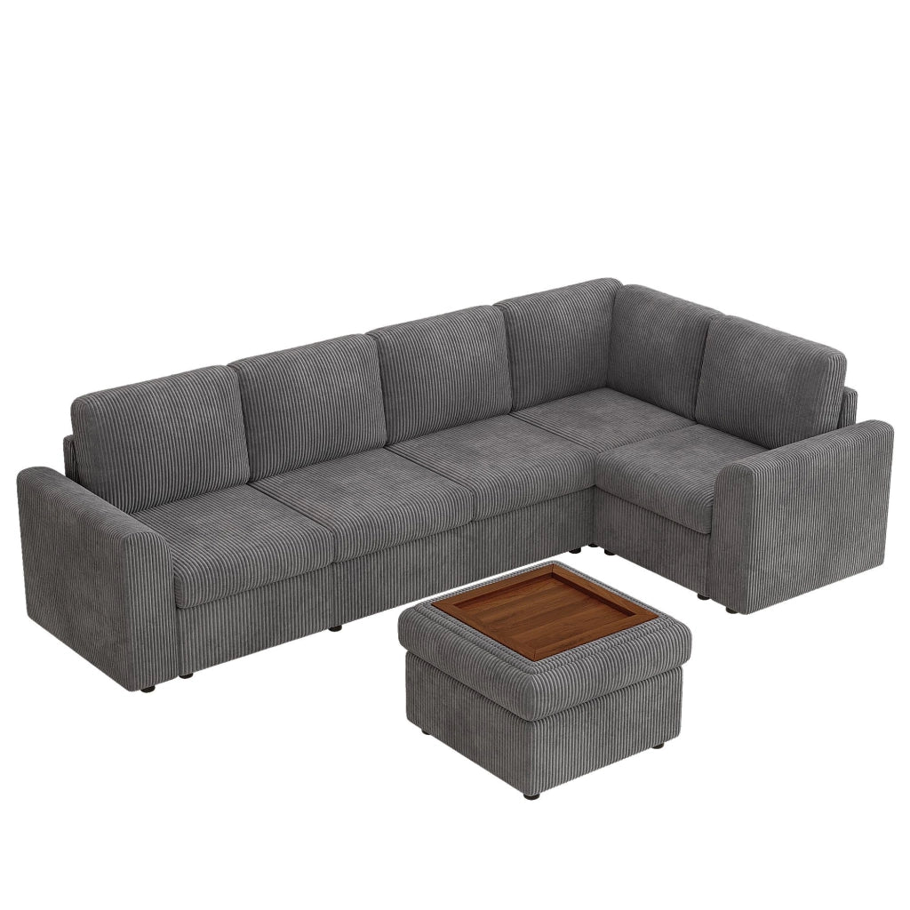 Divano Angolare con Poggiapiedi ¨C MINIMAL ¨C Velluto a Coste Grigio, 282x153x85 cm