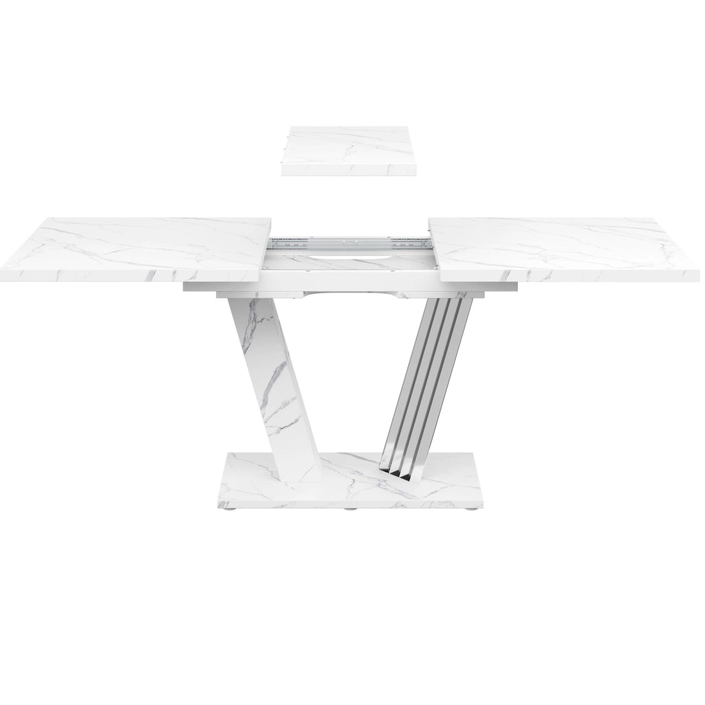 Tavolo da pranzo allungabile 120(160)x80x76 cm con piano effetto marmo; MDF e metallo bianco