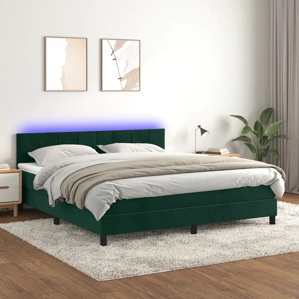 Letto a Molle con Materasso e LED Verde Scuro 180x200cm Velluto