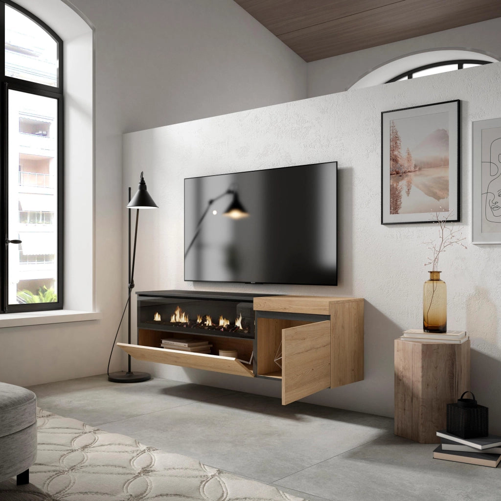 Mobile TV Soggiorno, 150x35x45cm, Per TV fino a 65", Camino elettrico, da appendere, colore Rovere e nero RF2432