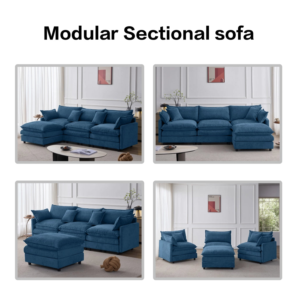 Divano modulare angolare a L con pouf mobile in chenille blu a 3 posti per soggiorno e lounge