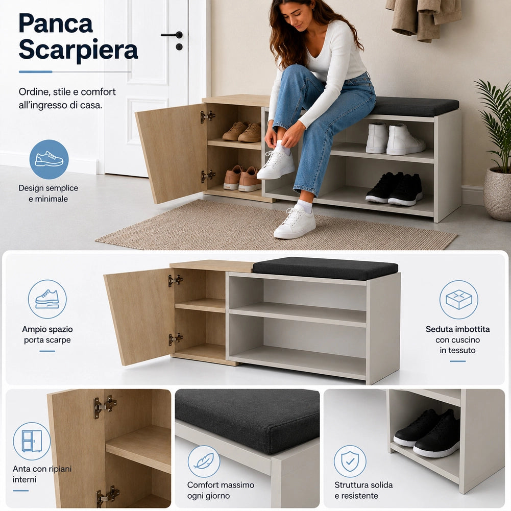 Panca Scarpiera Ingresso Casa 2 Ripiani Porta Scarpe con Anta e Cuscino Sabbia