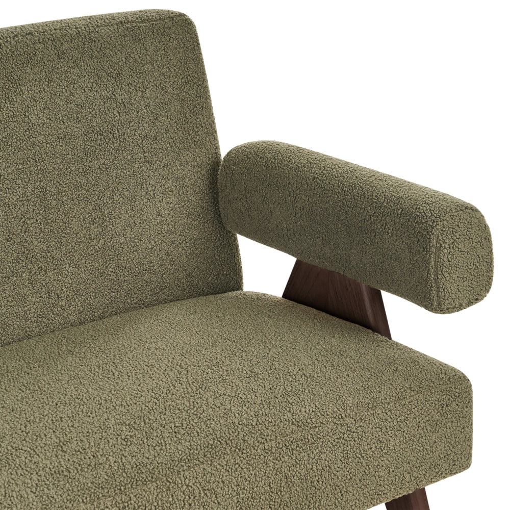 Divano a 2 posti Rivestimento in bouclé verde e marrone scuro Design retrò Gambe in legno Soggiorno