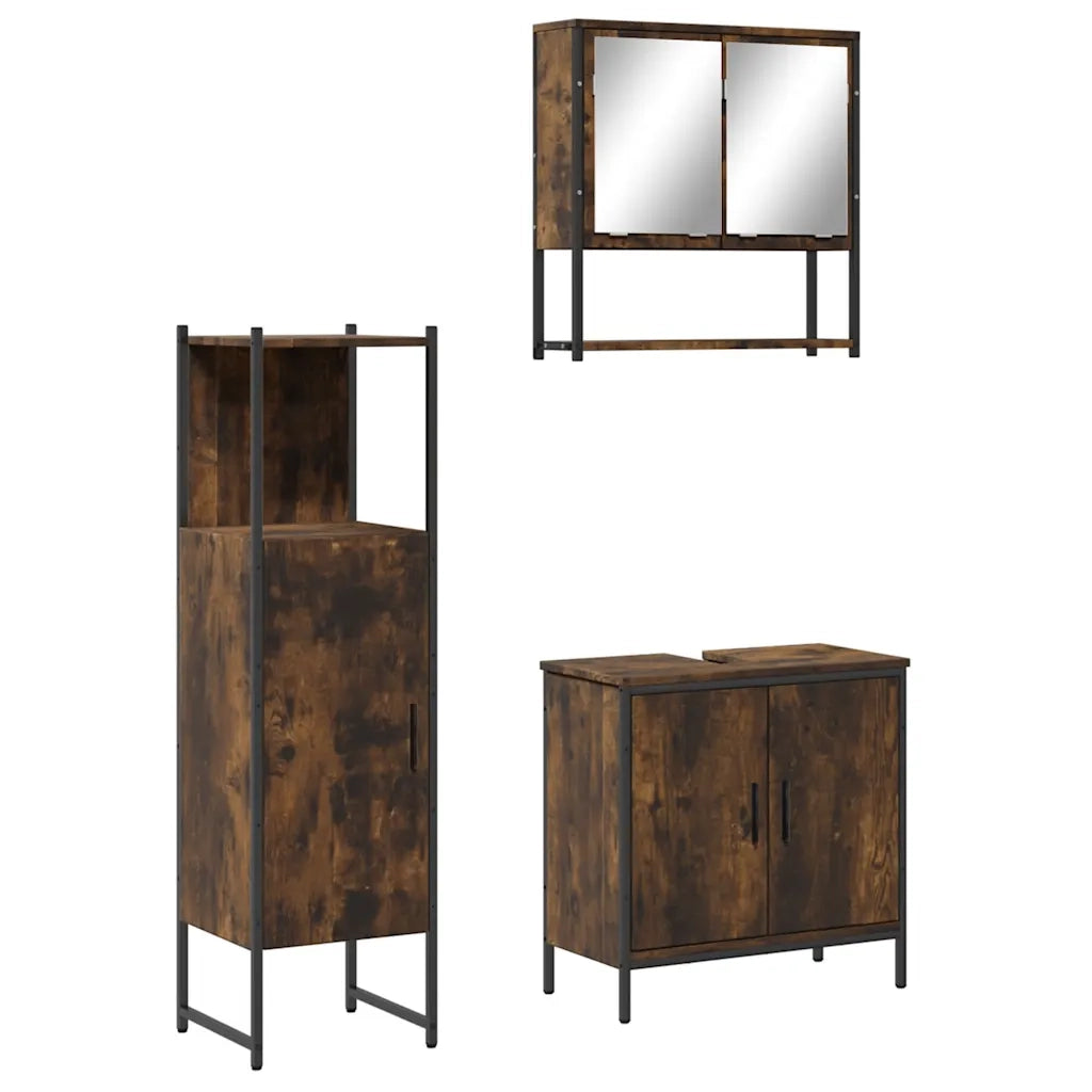 Set Mobili da Bagno | Armadio da bagno 3 pz Rovere Fumo in Legno Multistrato