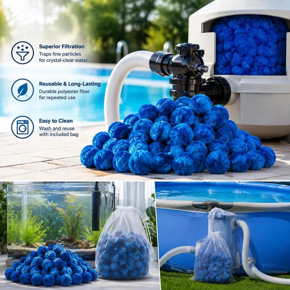 Filter Balls For Sand Filters, 1.83 Kg, Filter Balls Replace Pool Filter Sand, Reusable Blue Filter Medium Made Of Polyester Fiber With Wash Bag, For Swimming Pools, Aquariums, Above-ground Pools