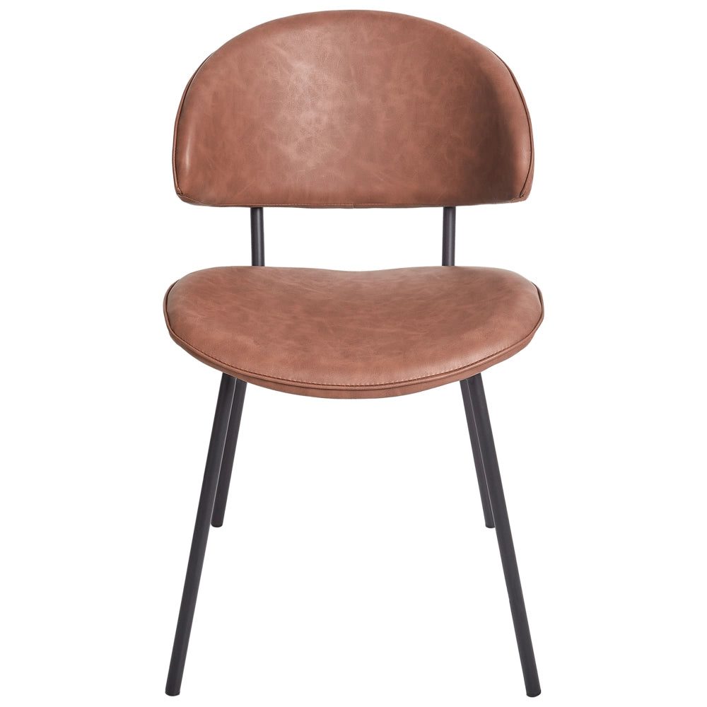 Set di 2 sedie da pranzo Rivestimento in ecopelle marrone Gambe in metallo nero Schienale curvo senza braccioli Design moderno e contemporaneo