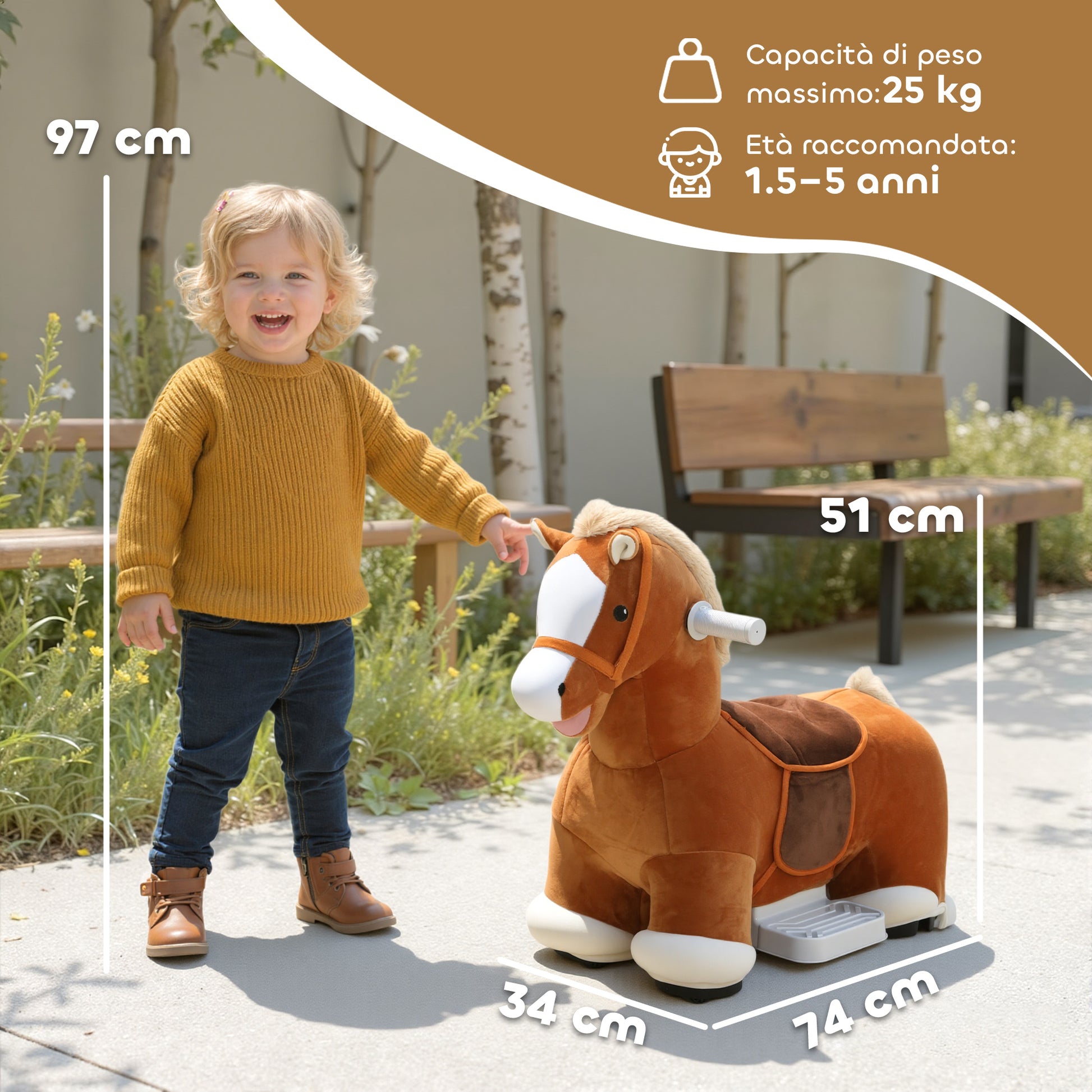 Cavallo Elettrico per Bambini 74x34x51 cm con Pedali Rotelle e Suoni in Peluche e Metallo Marrone