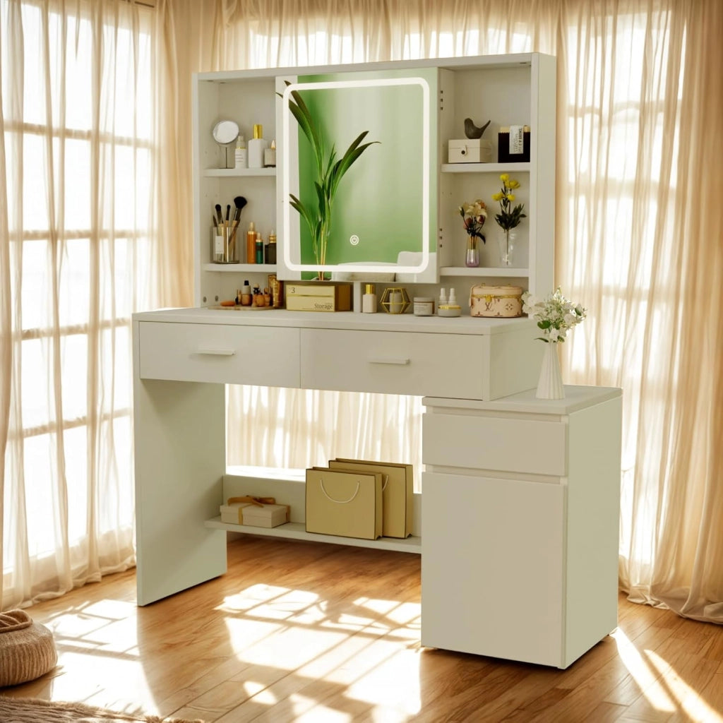 Toeletta Trucco con Luci LED,Tavolo da Trucco con Specchio,3 con Luminosità Regolabile,Postazione Trucco con Cassetti,Ripiani Aperti,Moderno, Bianco