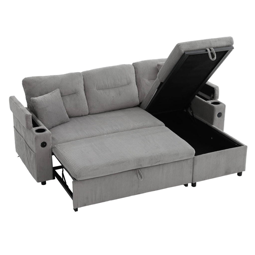 Divano 3 posti in tessuto corduroy con contenitore, USB-C, chaise longue idraulica e letto estraibile
