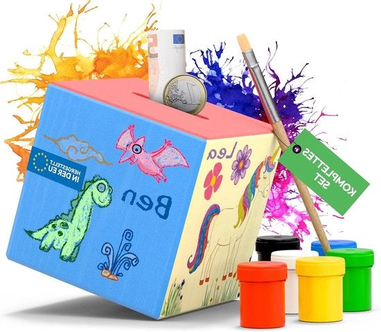 Cassa per bambini per la pittura comprensiva di 6 colori e pennelli - Cassa in legno per il risparmio - Bancomat per bambini - Idea regalo per bambini e adulti