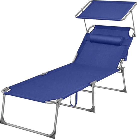 Ligbed di giardino Grande ombrellone pieghevole con parasole regolabile e tenda da sole blu scuro