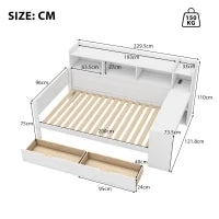 Divano letto multifunzionale 90x200 cm, con mensola per comodino, 2 cassetti e scrivania integrata, senza materasso, Bianco