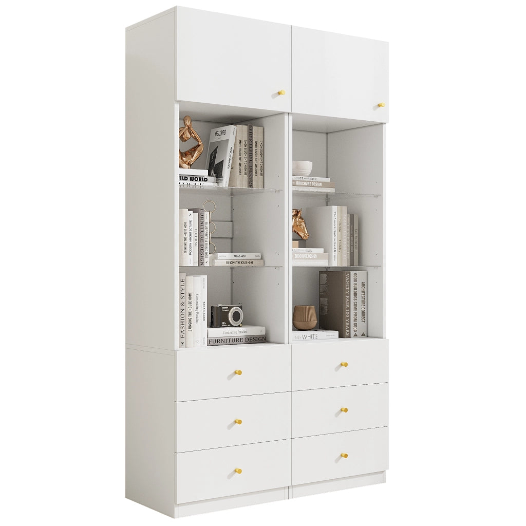 Vetrina alta bianca con ante, ripiani in vetro regolabili e 3 cassetti, set da 2, 100×40×180 cm