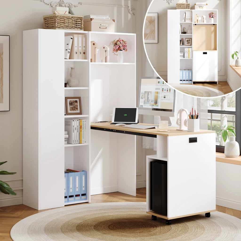 Scrivania pieghevole 2 in 1 con libreria, presa EU e USB, bianco, MDF, 104,5 × 30,5 × 160 cm