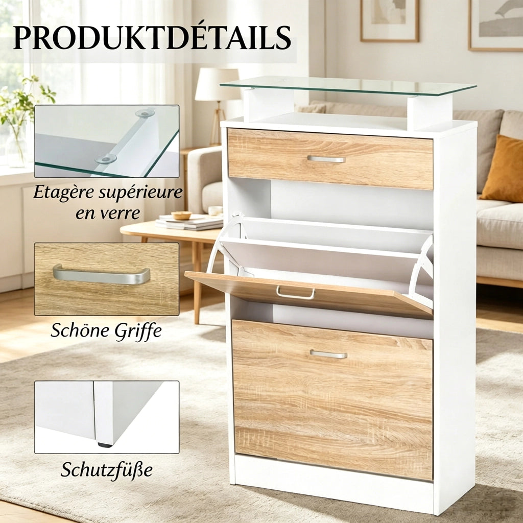 Scarpiera con ripiano in vetro e 2 ante a ribalta, divisorio a 2 posizioni, bianco e rovere chiaro 60 × 24 × 105,5 cm