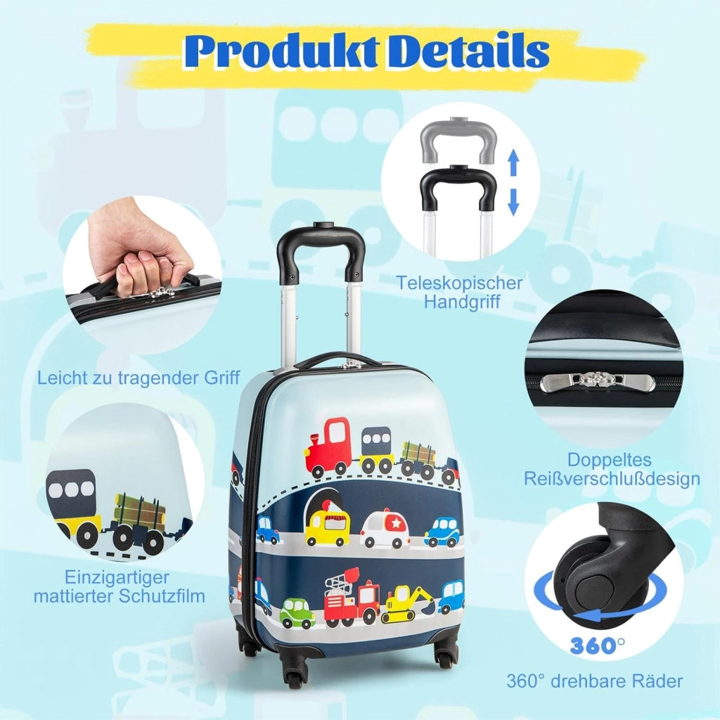 Set di Valigia 16’’ + Zaino 12’’ per Bambini 2 Pezzi, Bagagli 2-in-1 con Zainetto da Viaggio Aereo, Trolley con Maniglia Telescopica e 4 Ruote a 360° (Blu Traffico)