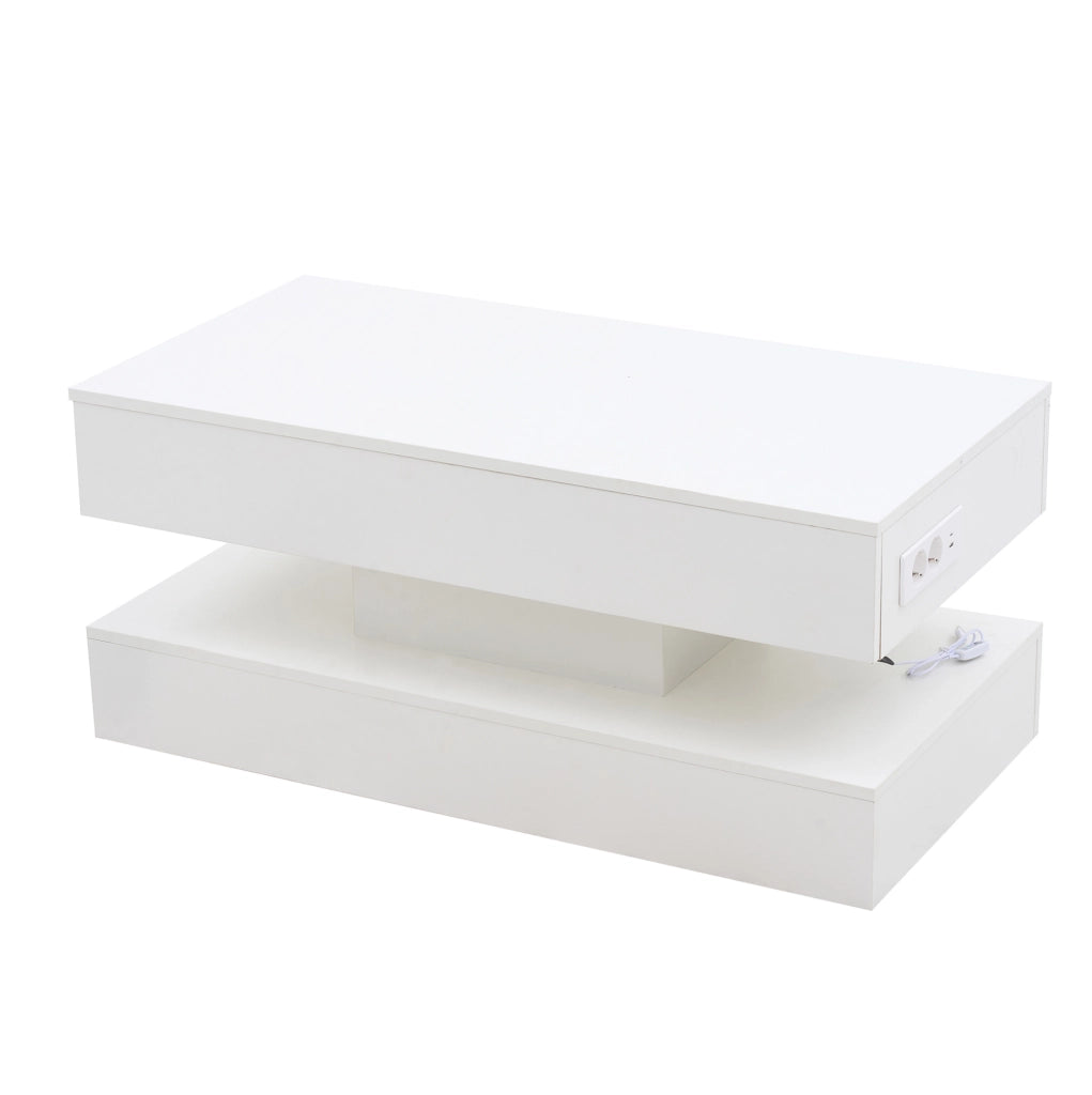 Tavolino da caffè 100x50x42 cm con piano sollevabile; LED e vano nascosto in truciolato bianco