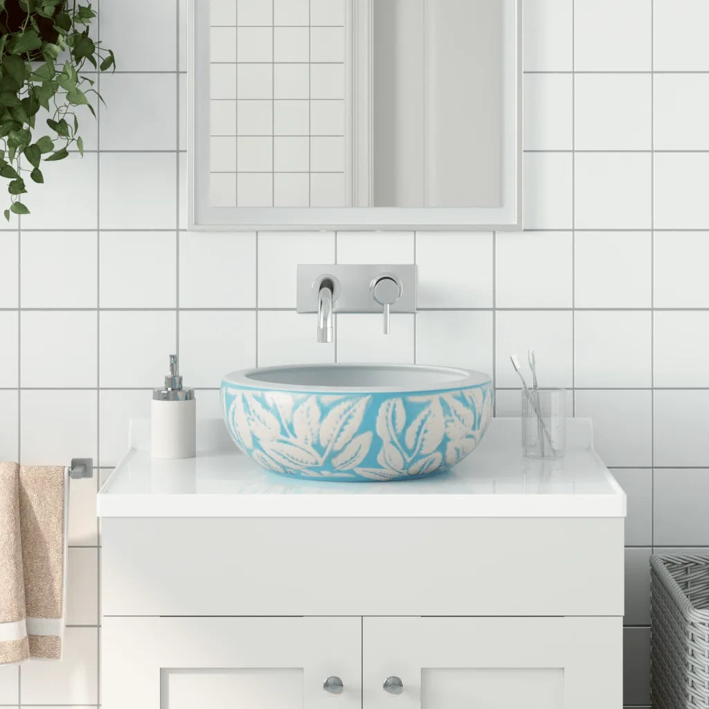Lavabo da Appoggio Bianco e Blu Rotondo ¦µ41x14 cm Ceramica CFW9137965