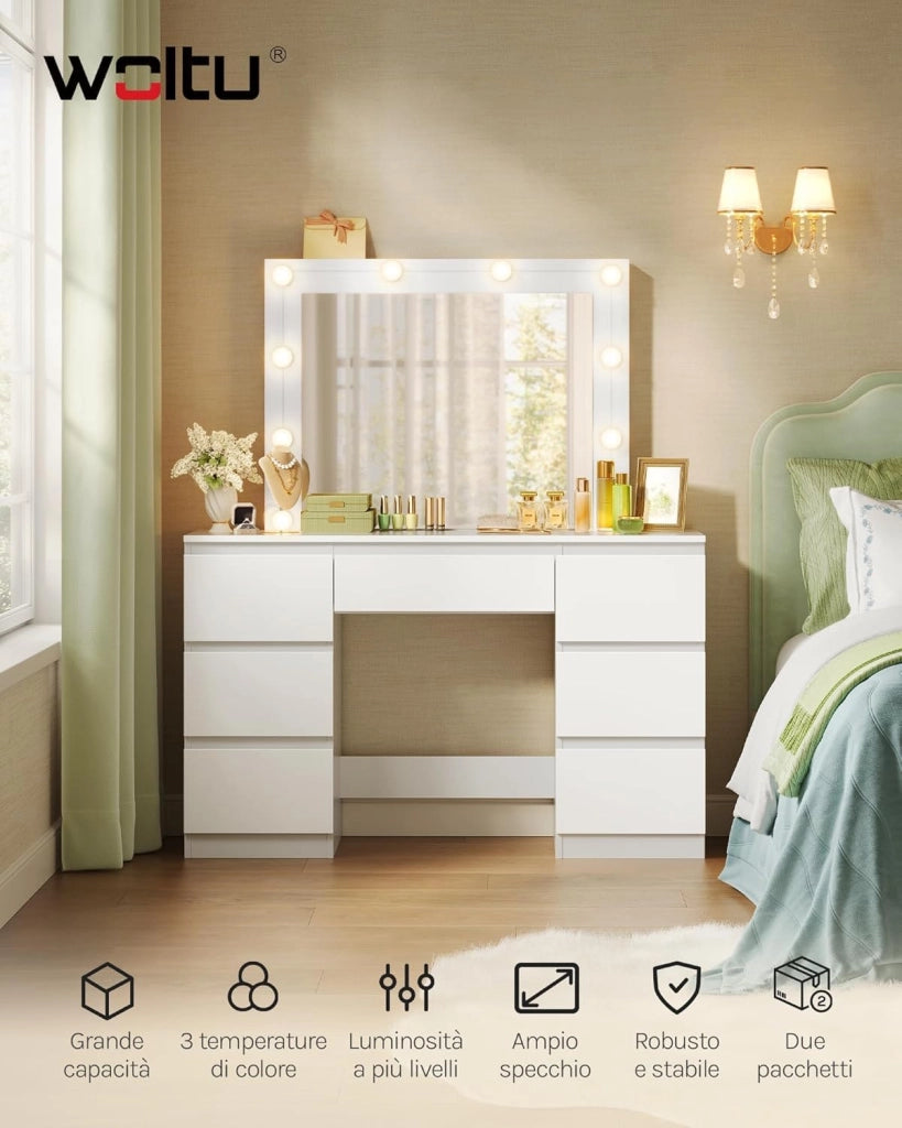 Toeletta da Trucco, con Specchio e Luci LED, Luminosità Regolabile, Tavolo da Trucco, con 7 Cassetti, Postazione Make Up, 107x39,5x140,5cm, Cassettiera in Legno, Bianco, MB6099ws