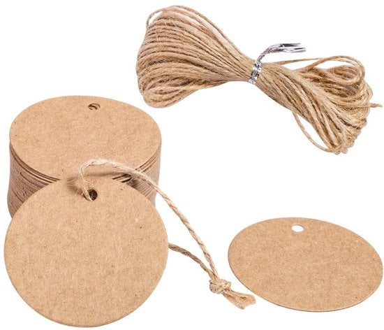 Etichette per regalo 50 pezzi - Etichette rotonde - Etichette in carta - Nastro di juta 10m - Materiale ecologico - Aspetto vintage - Etichette per regali