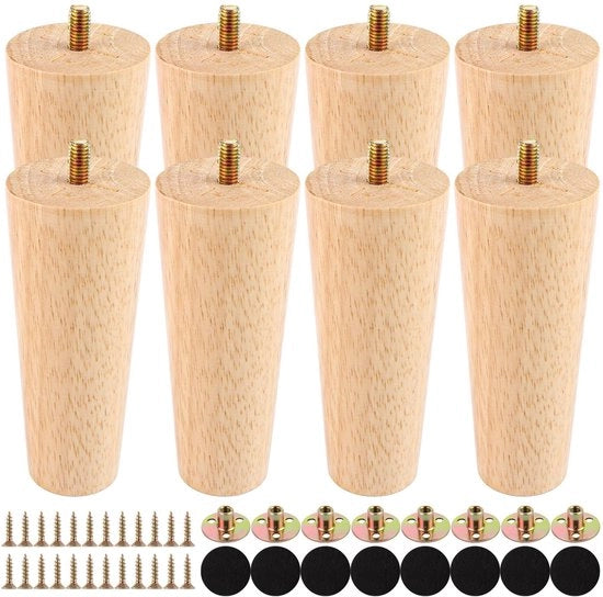 Set di supporti per mobili in legno di quercia 12 cm - Set di 8 - Legno massello - Piastre di montaggio - Viti/Pad di gomma