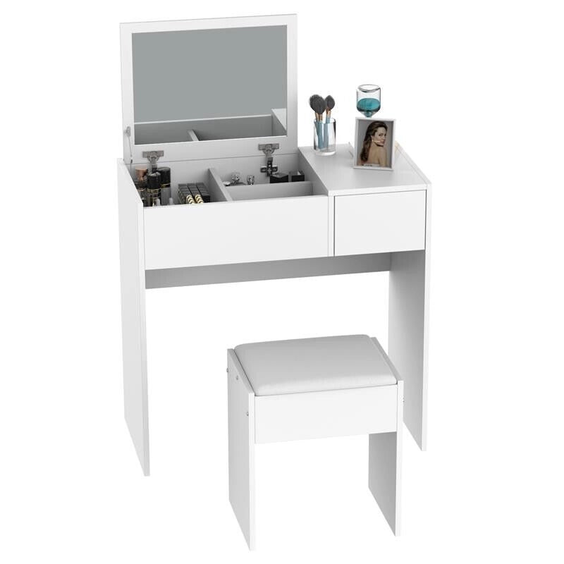 MOBILE TOLETTA CON SPECCHIO SGABELLO CASSETTO E TAVOLO CONSOLLE BIANCO 80 X 40 X 79 CM
