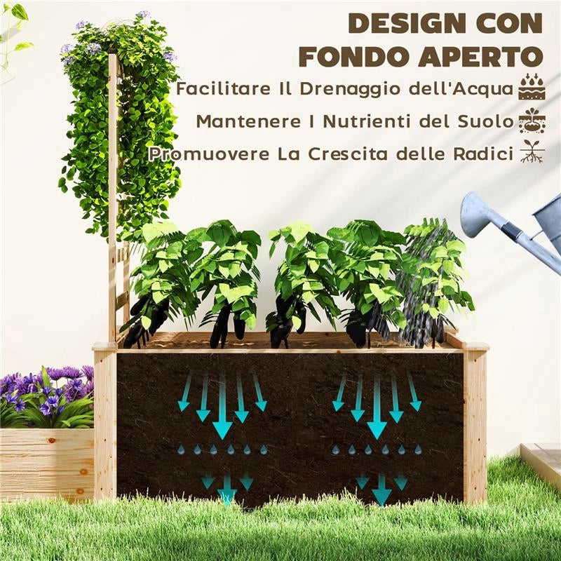FIORIERA RIALZATA CON GRIGLIATO PER RAMPICANTI E DIVISORIO IN LEGNO DI ABETE 222X63X132 CM COLOR LEGNO