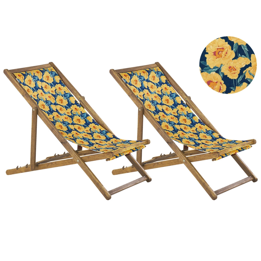 Set di 2 sedie a sdraio da giardino con struttura in legno di acacia chiaro con motivo floreale in tessuto amaca sedile reclinabile