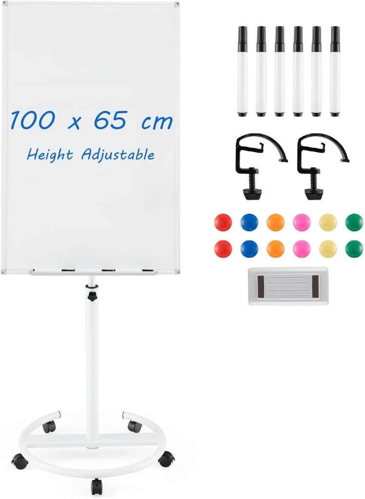 Lavagna Magnetica, Regolabile in Altezza e Ripiano per Penne, Cancellabile a Secco, 65x100 cm