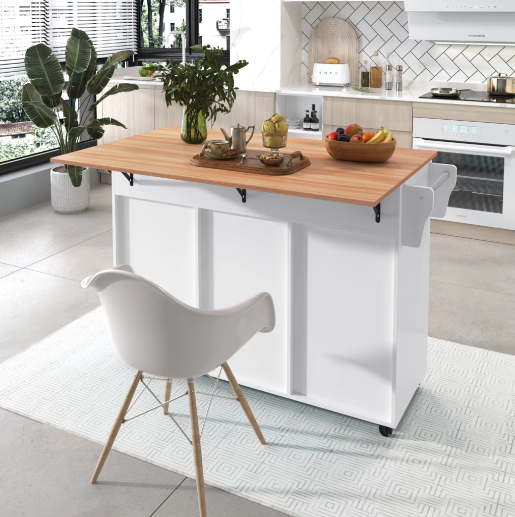Carrello cucina con piano pieghevole 129x71x91;5 cm in MDF bianco e naturale