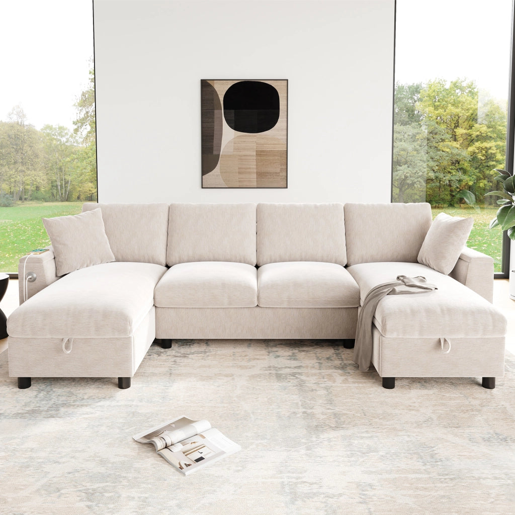 Divano a U con chaise longue e contenitore, porte USB e Type-C, in ciniglia beige, 279 × 135 × 84 cm