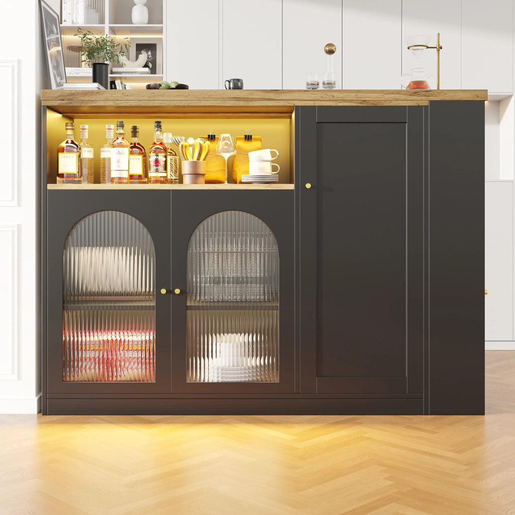OKWISH Mobile Bar Girevole 360° con Vani Contenitore, Anta in Vetro Cannelato e LED, per Cucina o Sala da Pranzo, MDF, Nero