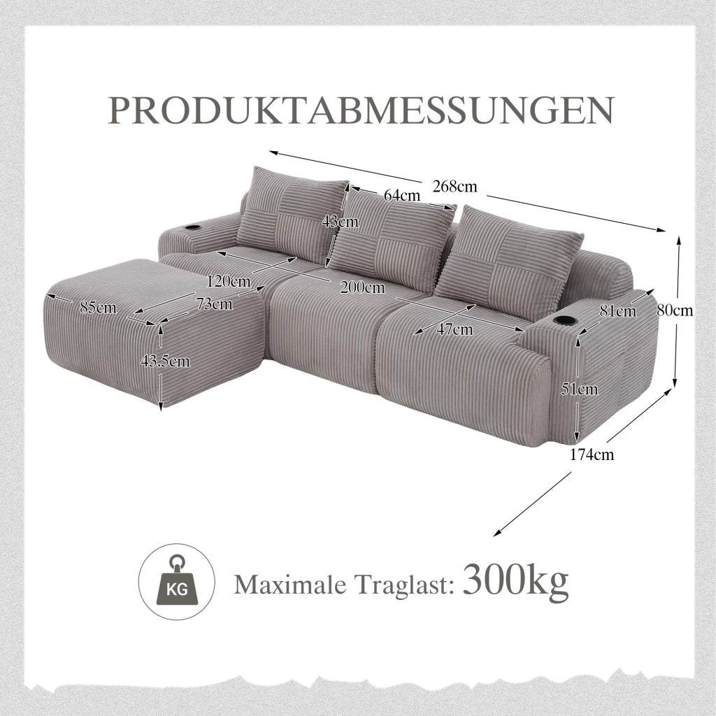 Divano modulare 3 posti - con portabicchieri e tasca laterale - in velluto a coste - grigio chiaro