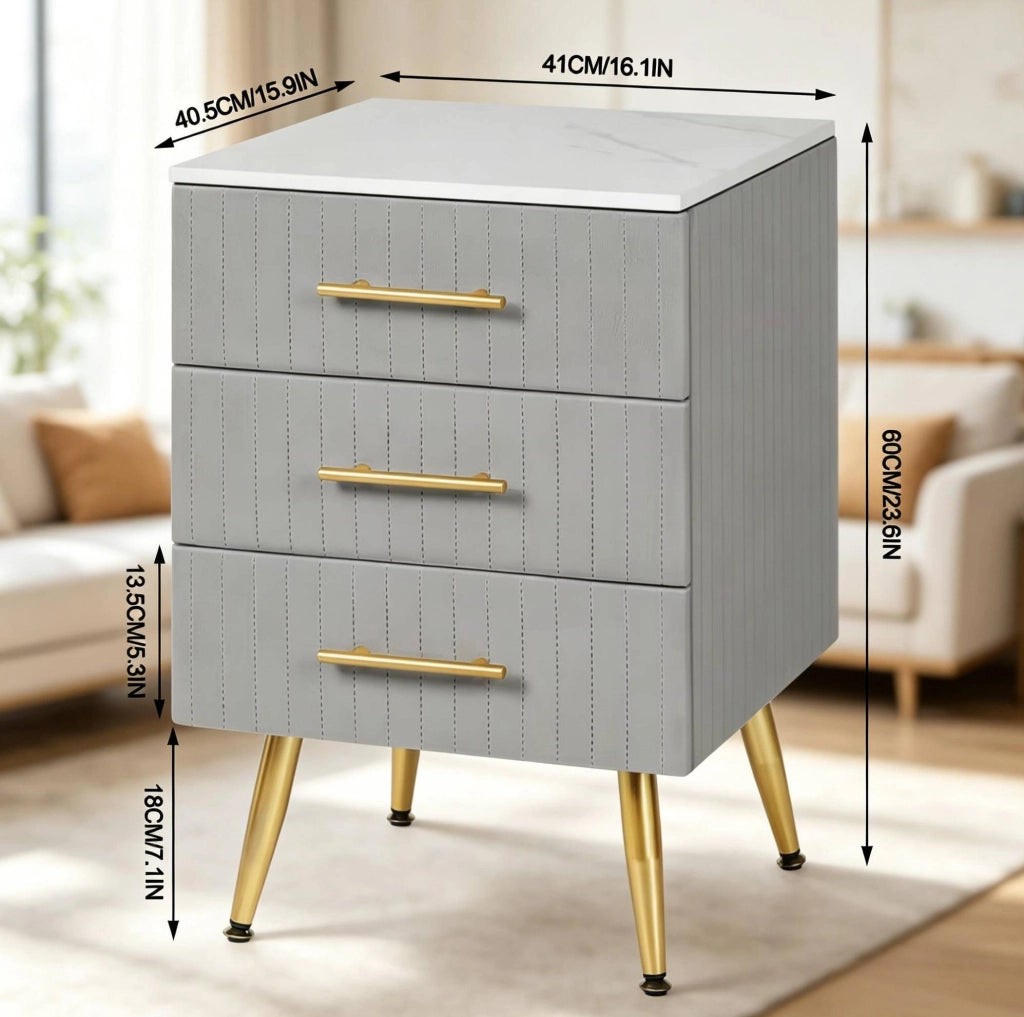 Comodino in velluto con 3 cassetti, MDF e gambe dorate, grigio 40,5 x 41 x 62 cm