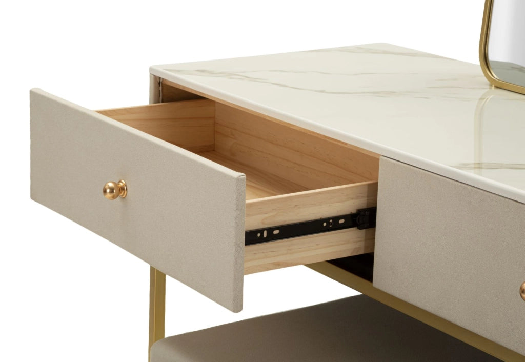 Toeletta Luxury con Specchio e Sgabello 120x45x75 cm in Pino e MDF e Spugna e Specchio e Poliestere e Metallo