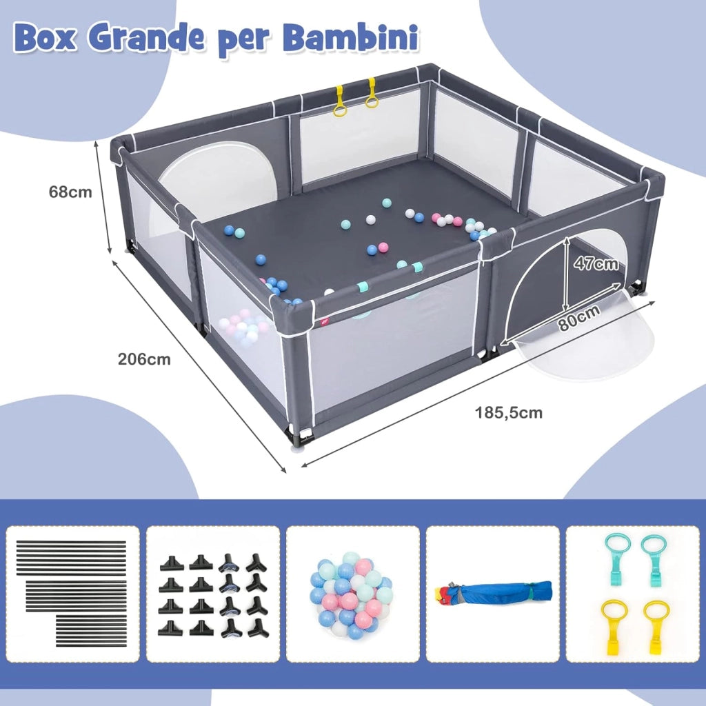 Box Recinto per Bambini, Centro Attività Portatile con Cancelli di Sicurezza, Reti Traspiranti, Ventose Antiscivolo e 4 Anelli per Bambini, con 50 Palline, 206 x 185,5 x 68 cm (Grigio Scuro)
